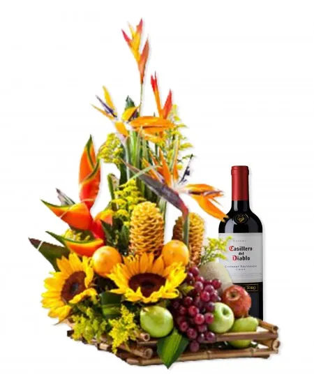 ARREGLO TROPICAL CON FRUTAS Y VINO (Incluye frutas y vino)